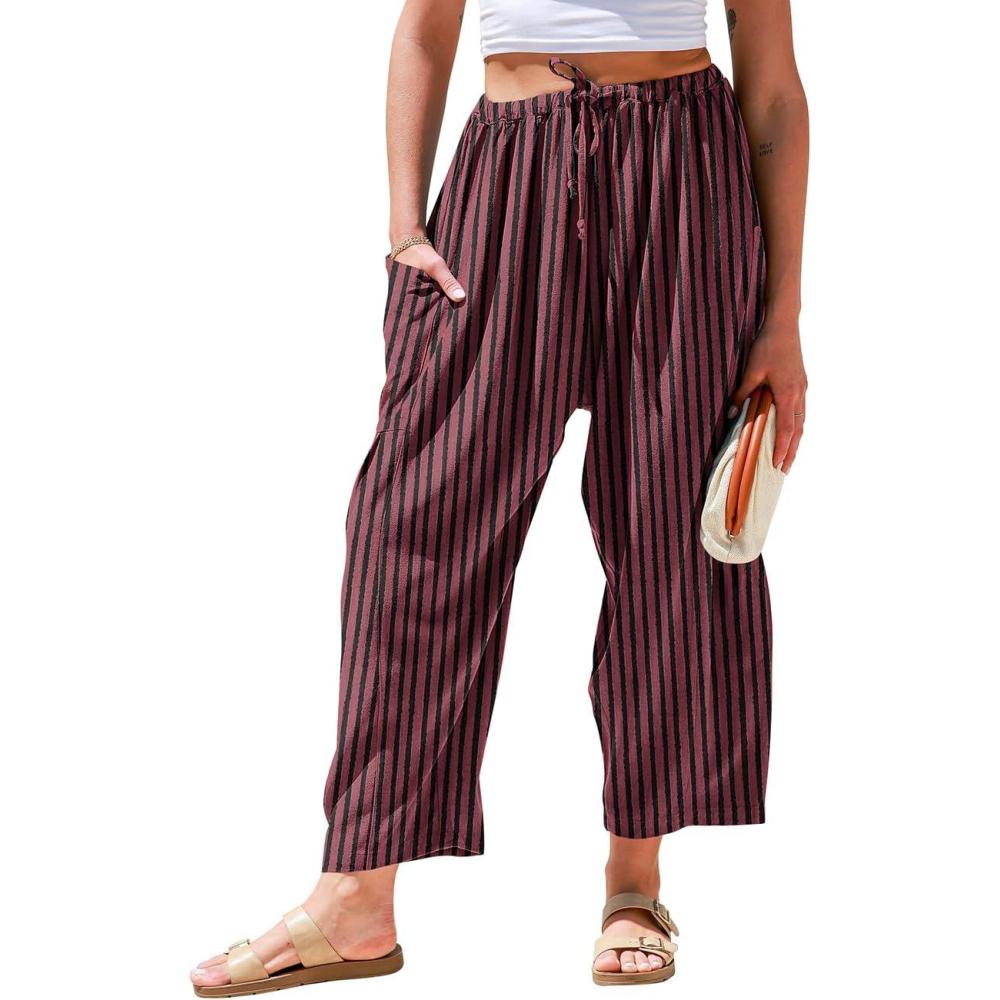 imageTARSE Womens Linen Wide Leg Pants Casual Loose Drawstring Summer 2025 Beach Travel Vacation Palazzo Harem Pants with PocketsBlack Rose Striped