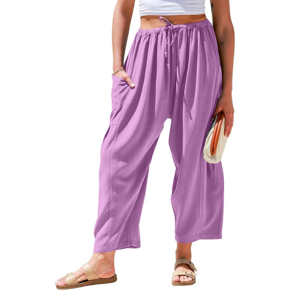 imageTARSE Womens Linen Wide Leg Pants Casual Loose Drawstring Summer Beach Travel Vacation Palazzo Harem Pants with PocketsGrape Purple