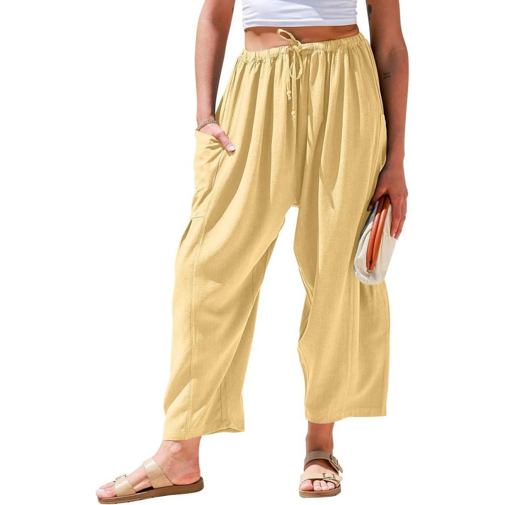 imageTARSE Womens Linen Wide Leg Pants Casual Loose Drawstring Summer Beach Travel Vacation Palazzo Harem Pants with PocketsRust Yellow