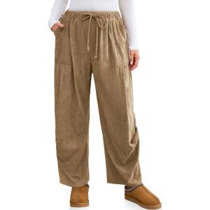 TARSE Women Corduroy Baggy Harem Pants Drawstring Loose Wide Leg Casual Lounge Pant 2025 Travel Vacation Clothes with Pockets(Camel)