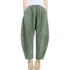 TARSE Womens Corduroy Harem Pants Casual Elastic Waist Wide Leg Pants Loose Fit Baggy Trousers with Pockets(Light Army Green)