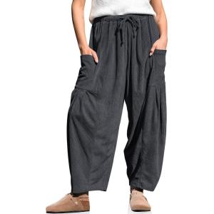 TARSE Womens Corduroy Pants Barrel Casual Loose Baggy Drawstring Wide Leg Palazzo Harem Pants with Pockets(Dark Gray)