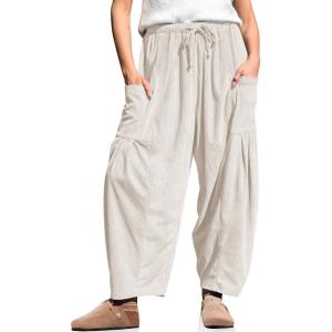 TARSE Womens Corduroy Pants Barrel Casual Loose Baggy Drawstring Wide Leg Palazzo Harem Pants with Pockets(Milky White)