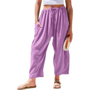 TARSE Womens Linen Wide Leg Pants Casual Loose Drawstring Summer Beach Travel Vacation Palazzo Harem Pants with Pockets(Grape Purple)