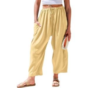 TARSE Womens Linen Wide Leg Pants Casual Loose Drawstring Summer Beach Travel Vacation Palazzo Harem Pants with Pockets(Rust Yellow)