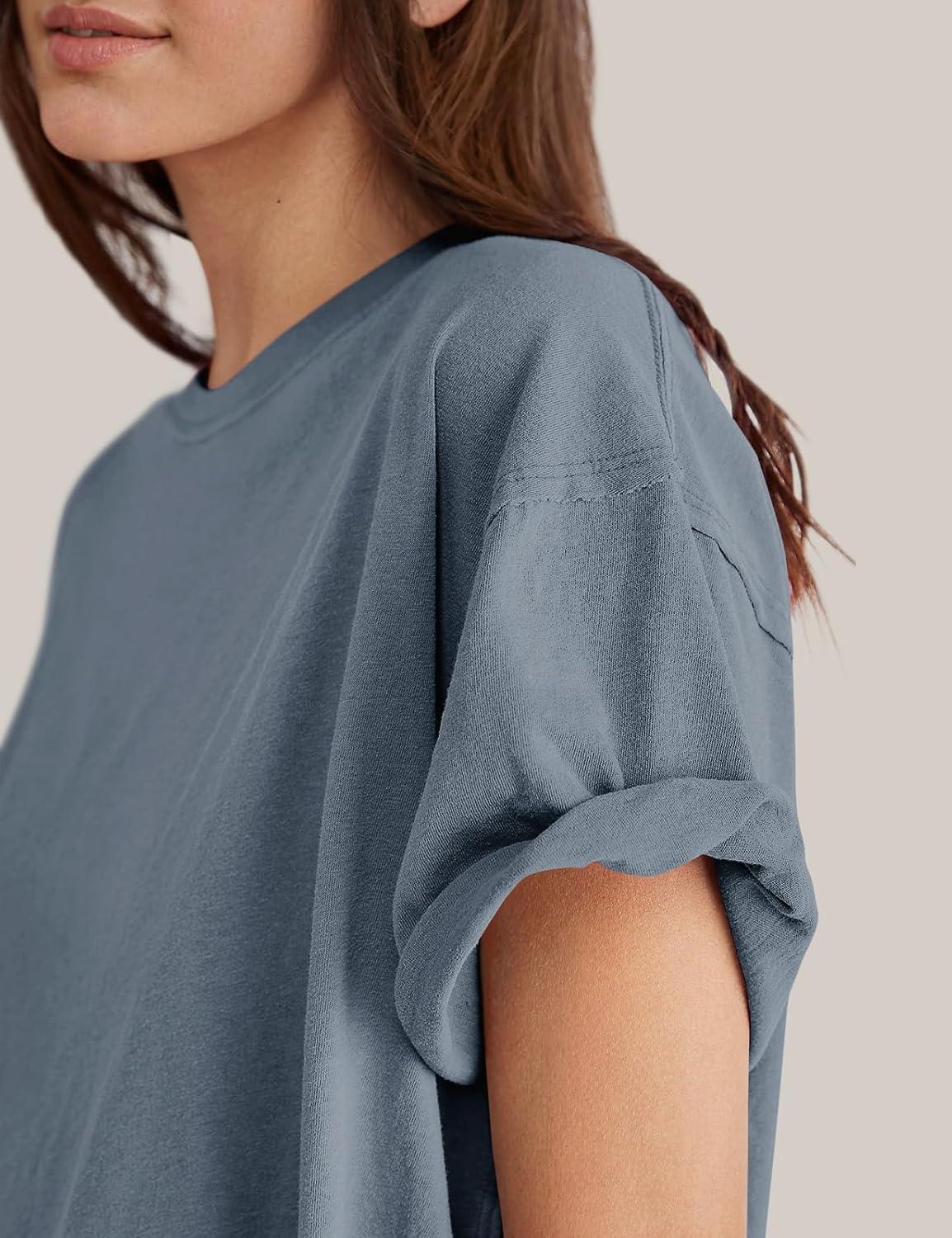 imageTARSE Thick Tshirts for Women 2024 Crewneck Short Sleeve Loose Fit WellMade Tops