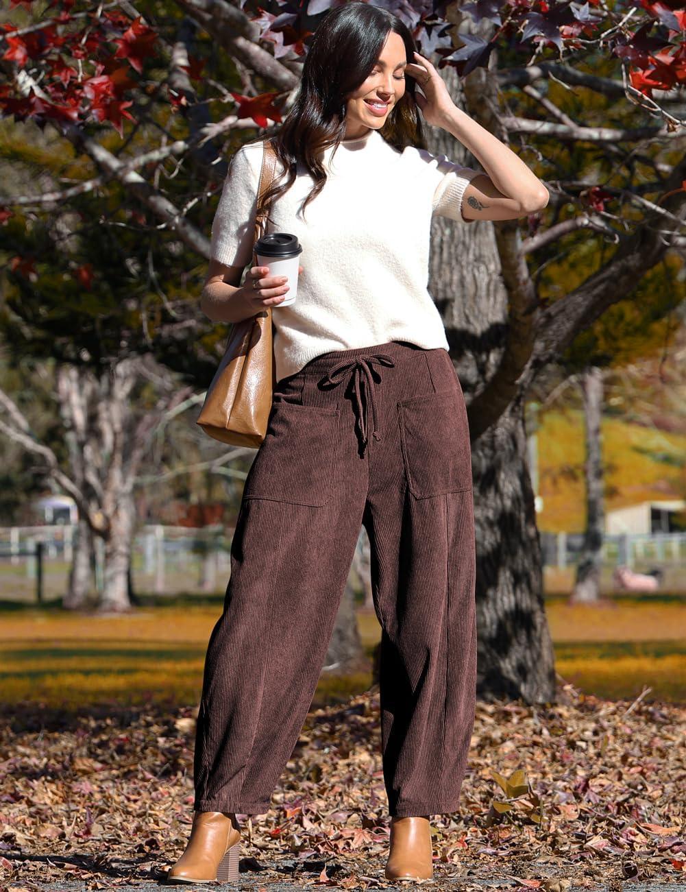 imageTARSE Womens Corduroy Pants Baggy Wide Leg Pants Casual Elastic Waisted Palazzo Harem Pants with PocketsDark Coffee