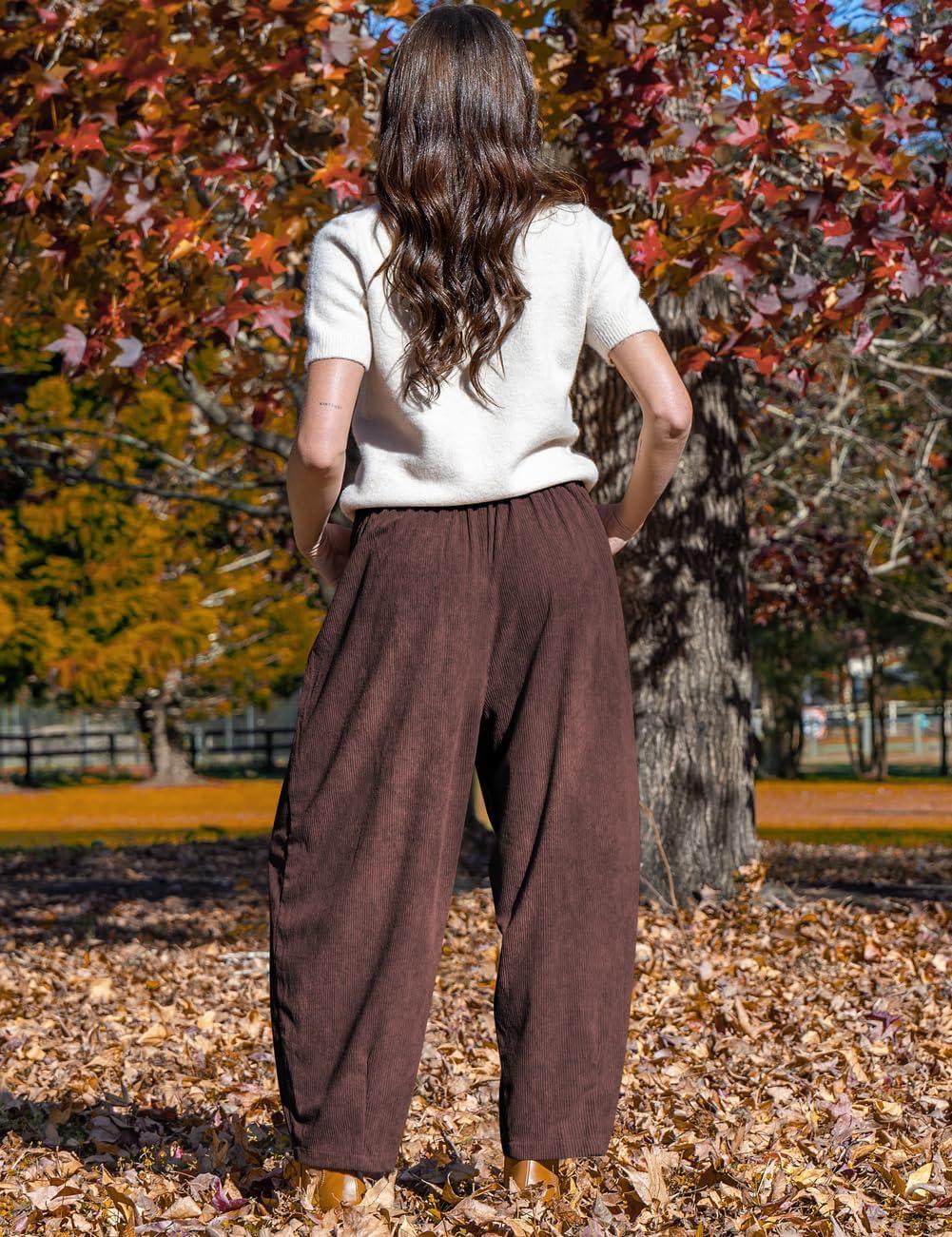 imageTARSE Womens Corduroy Pants Baggy Wide Leg Pants Casual Elastic Waisted Palazzo Harem Pants with PocketsDark Coffee