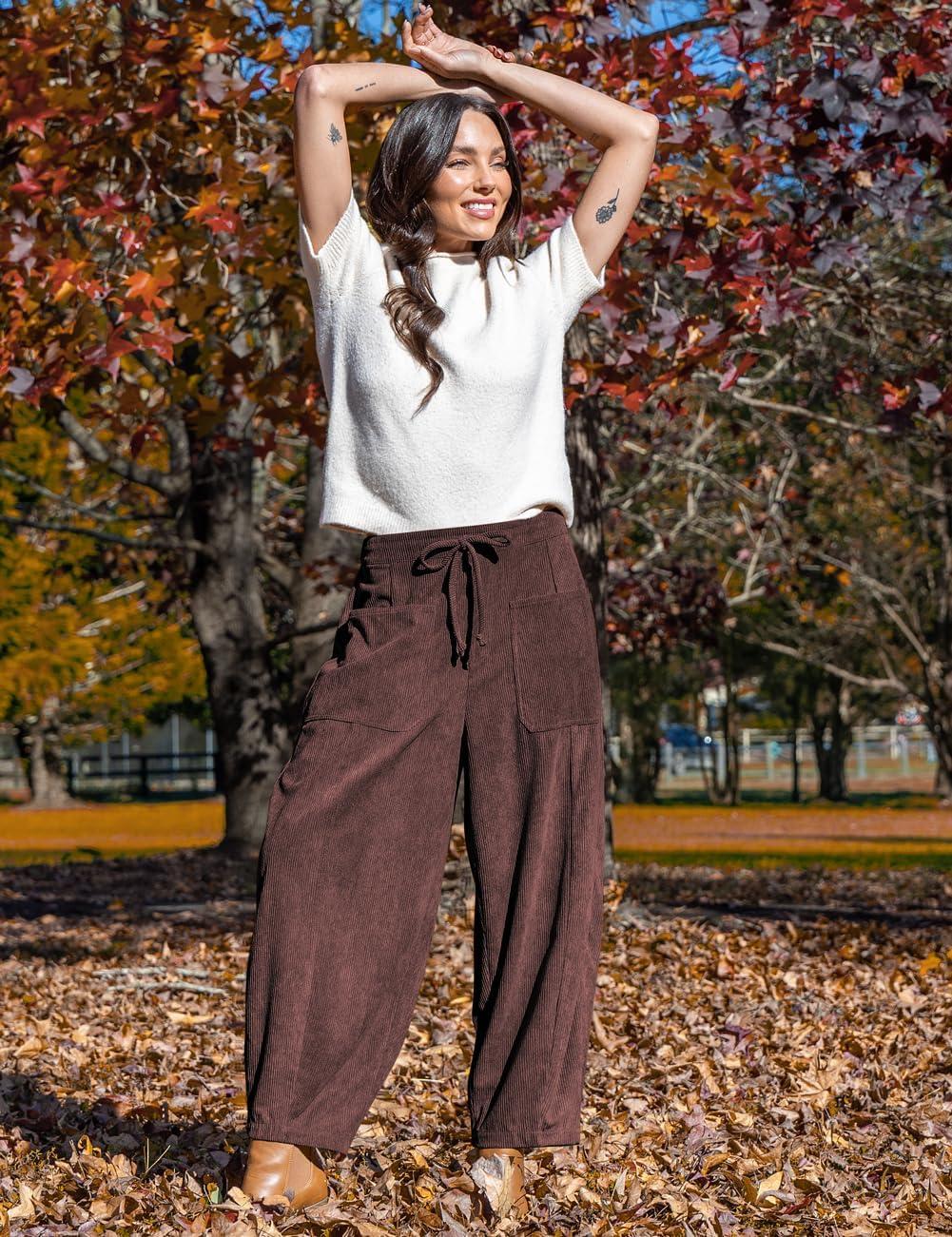 imageTARSE Womens Corduroy Pants Baggy Wide Leg Pants Casual Elastic Waisted Palazzo Harem Pants with PocketsDark Coffee