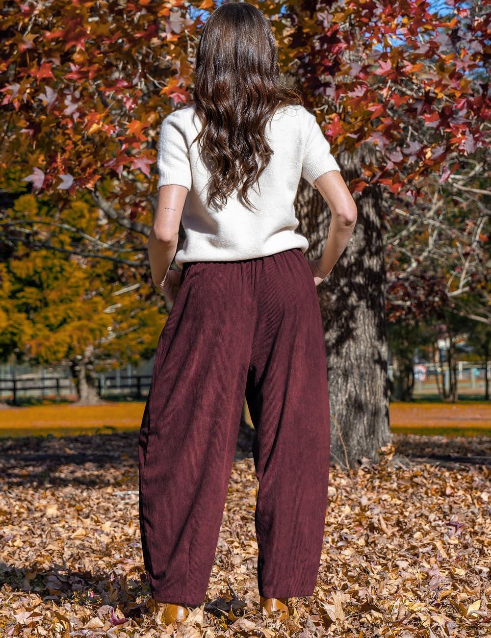 imageTARSE Womens Corduroy Pants Baggy Wide Leg Pants Casual Elastic Waisted Palazzo Harem Pants with PocketsJujube Red