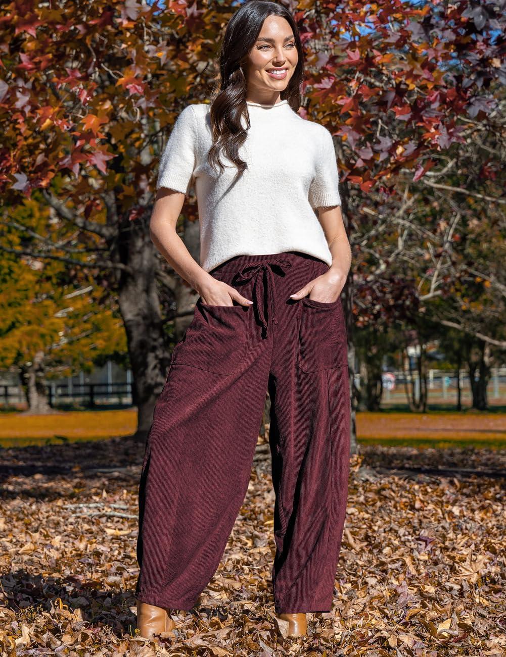 imageTARSE Womens Corduroy Pants Baggy Wide Leg Pants Casual Elastic Waisted Palazzo Harem Pants with PocketsJujube Red