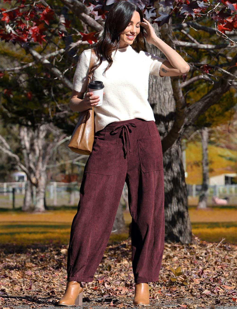 imageTARSE Womens Corduroy Pants Baggy Wide Leg Pants Casual Elastic Waisted Palazzo Harem Pants with PocketsJujube Red