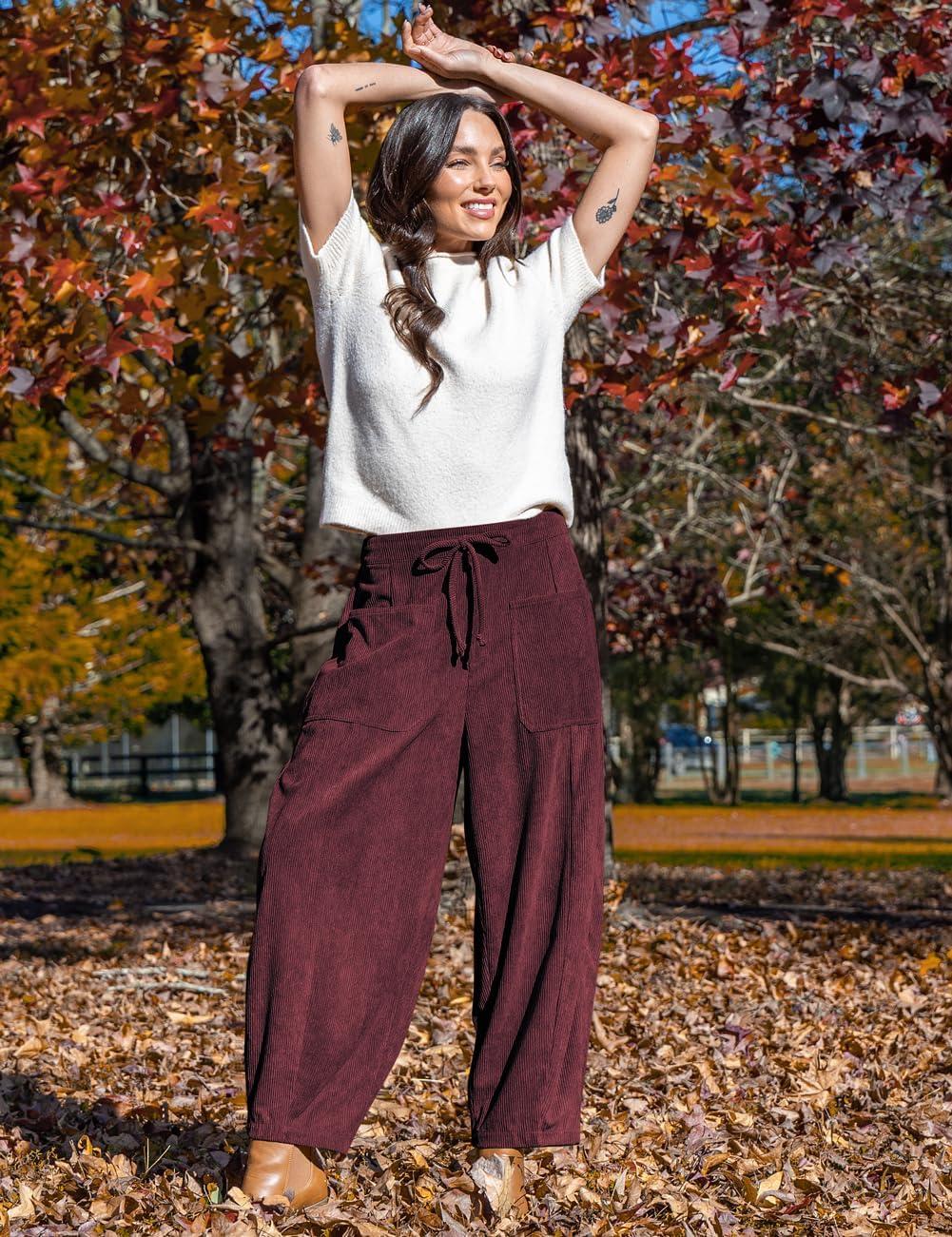 imageTARSE Womens Corduroy Pants Baggy Wide Leg Pants Casual Elastic Waisted Palazzo Harem Pants with PocketsJujube Red