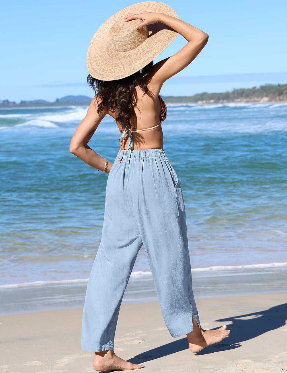 imageTARSE Womens Linen Harem Pants Casual Loose Fit Wide Leg Cropped Lightweight Drawstring Elastic Waist Pants with PocketsAqua Blue