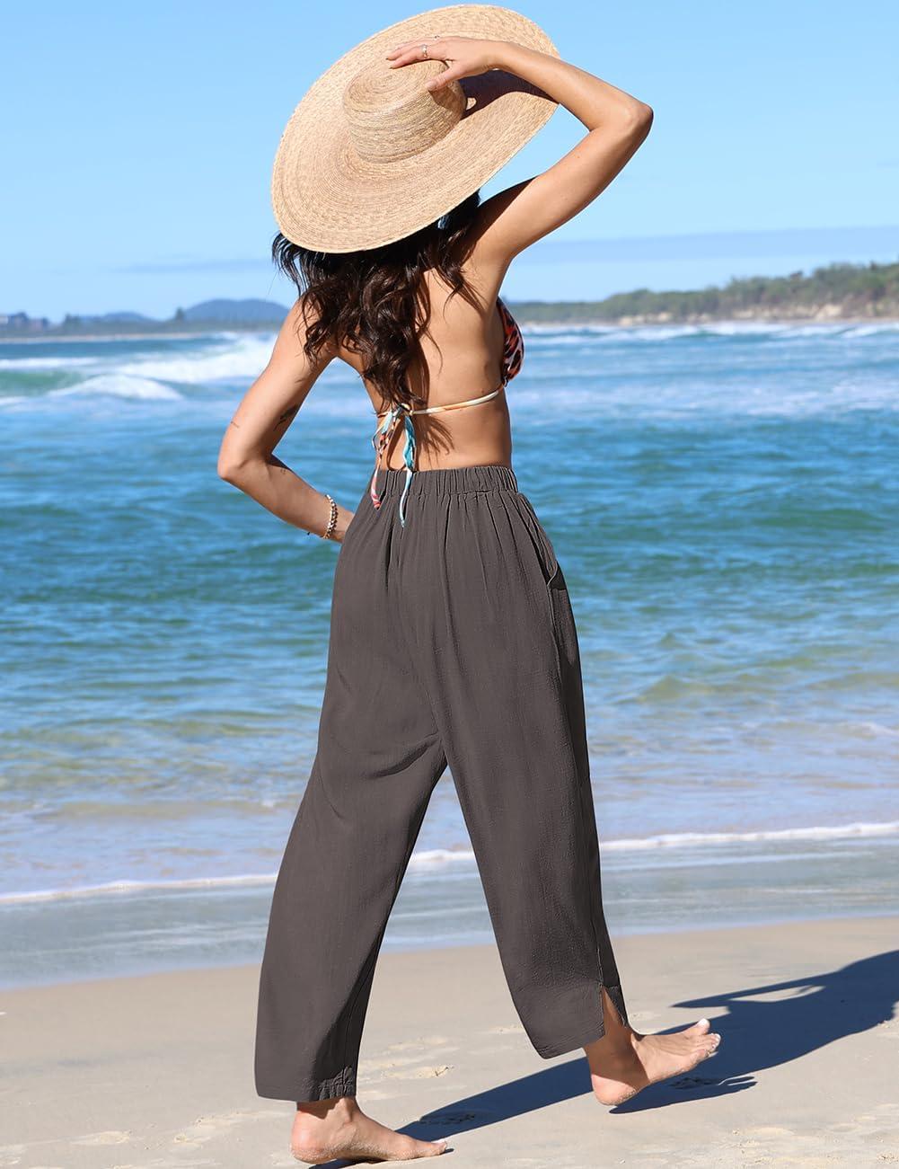 imageTARSE Womens Linen Harem Pants Casual Loose Fit Wide Leg Cropped Lightweight Drawstring Elastic Waist Pants with PocketsDark Gray