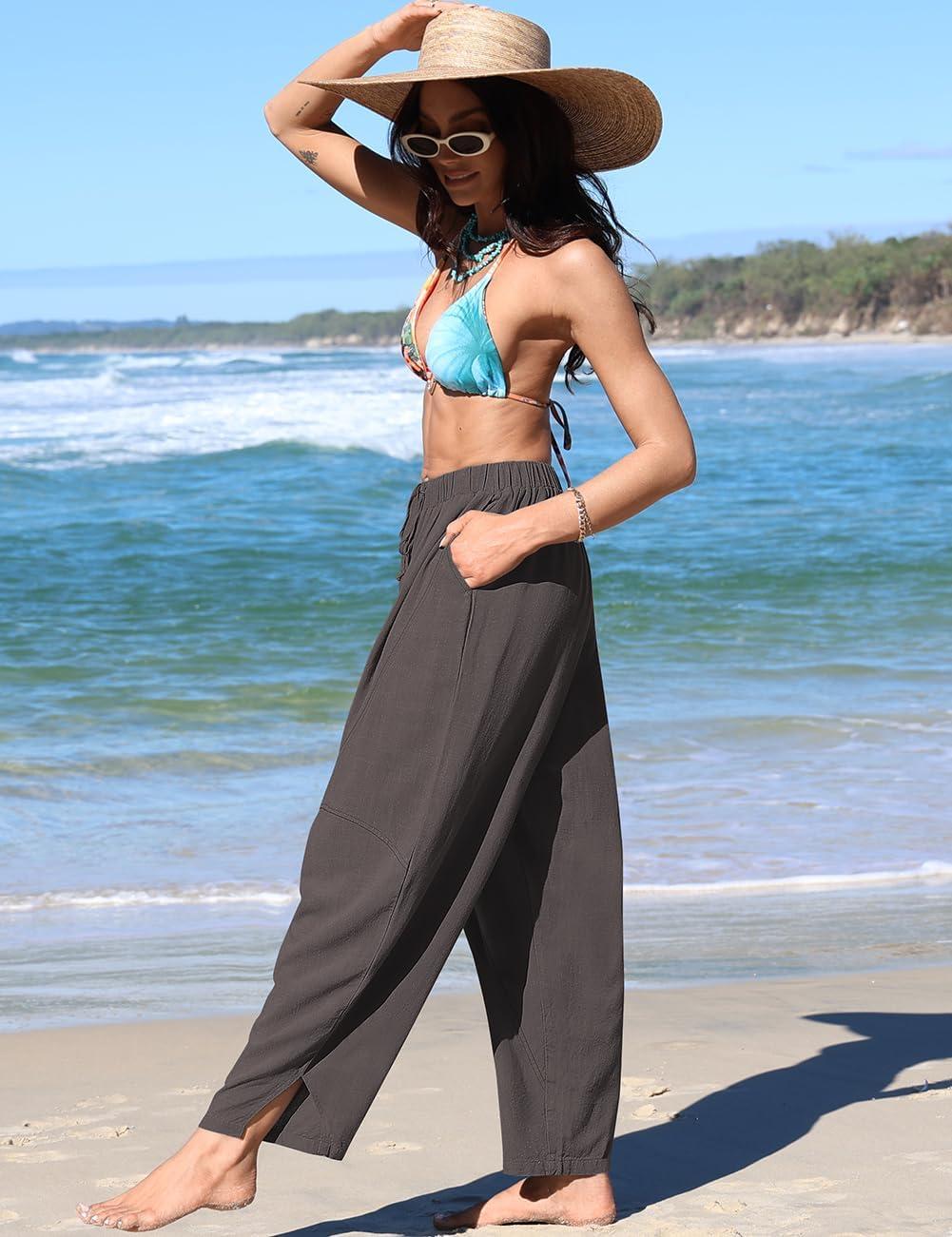 imageTARSE Womens Linen Harem Pants Casual Loose Fit Wide Leg Cropped Lightweight Drawstring Elastic Waist Pants with PocketsDark Gray