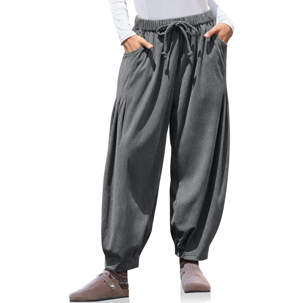 imageTARSE Womens Baggy Wide Leg Pants Corduroy Casual Drawstring Waist Palazzo Harem Pants with PocketsDusty Gray