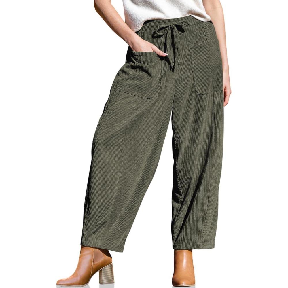 imageTARSE Womens Corduroy Pants Baggy Wide Leg Pants Casual Elastic Waisted Palazzo Harem Pants with PocketsArmy Green