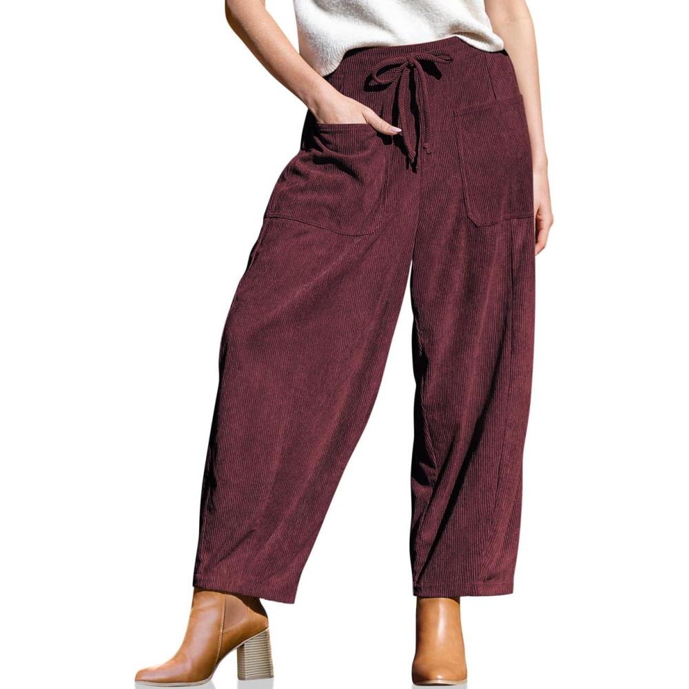 imageTARSE Womens Corduroy Pants Baggy Wide Leg Pants Casual Elastic Waisted Palazzo Harem Pants with PocketsJujube Red