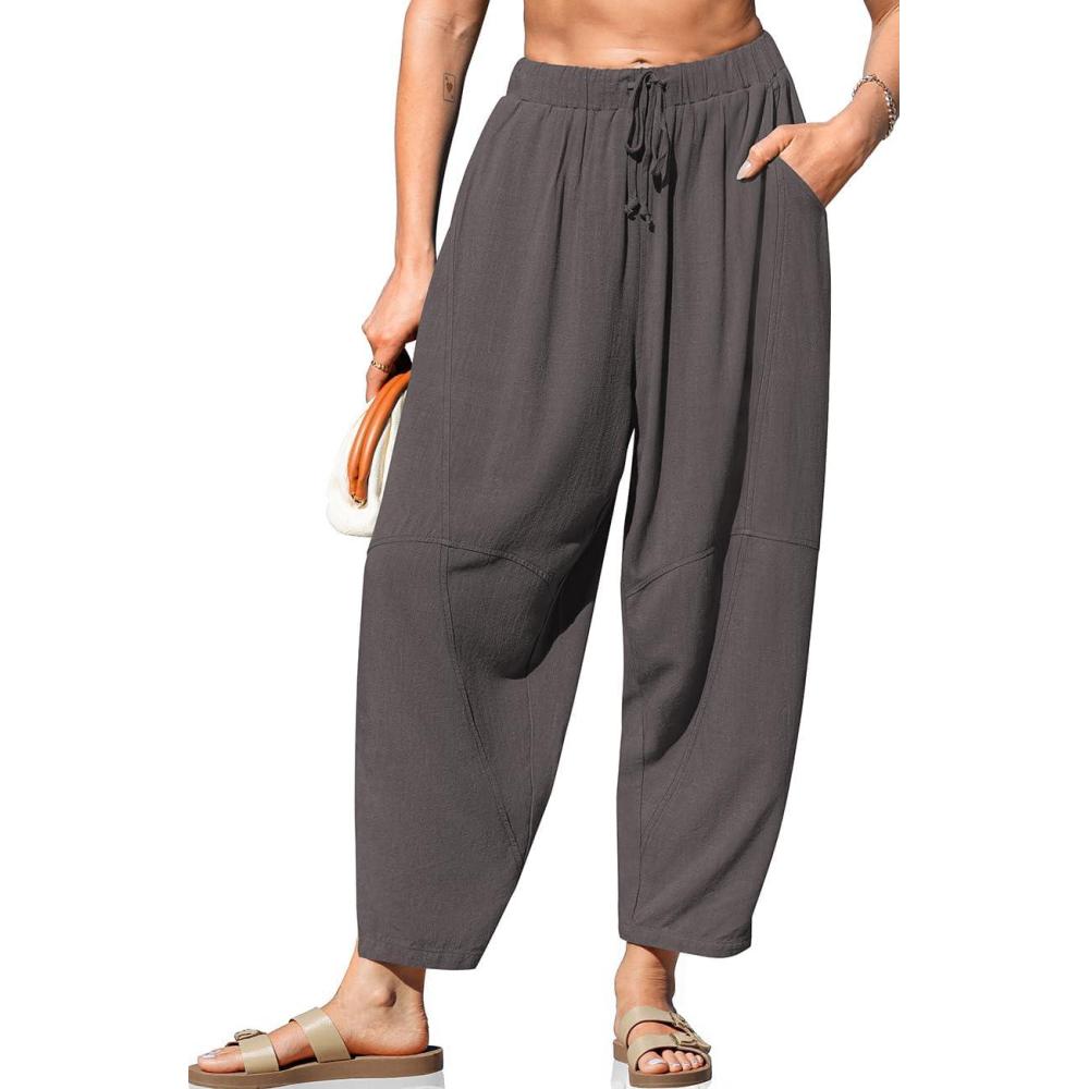 imageTARSE Womens Linen Harem Pants Casual Loose Fit Wide Leg Cropped Lightweight Drawstring Elastic Waist Pants with PocketsDark Gray