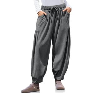 TARSE Womens Baggy Wide Leg Pants Corduroy Casual Drawstring Waist Palazzo Harem Pants with Pockets(Dusty Gray)
