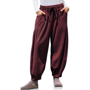 TARSE Womens Baggy Wide Leg Pants Corduroy Casual Drawstring Waist Palazzo Harem Pants with Pockets(Jujube Red)