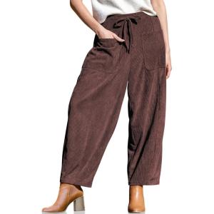 TARSE Women’s Corduroy Pants Baggy Wide Leg Pants Casual Elastic Waisted Palazzo Harem Pants with Pockets(Dark Coffee)