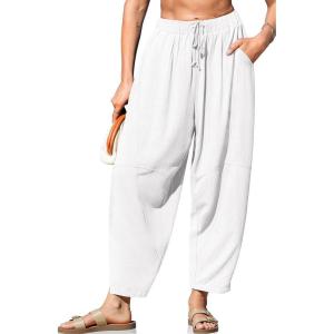TARSE Women’s Linen Harem Pants Casual Loose Fit Wide Leg Cropped Lightweight Drawstring Elastic Waist Pants with Pockets(White)