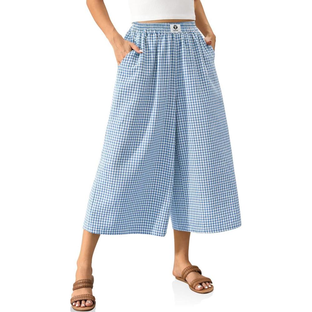 imageTARSE Womens Gingham Wide Leg Linen Capri Pants Casual Loose Plaid Culottes Elastic Waist Palazzo Pants with PocketsBlue White Plaid