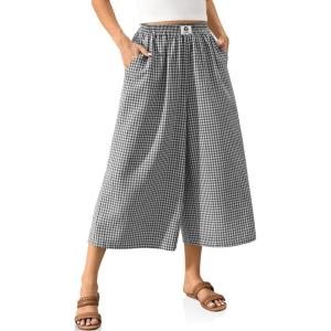 TARSE Womens Gingham Wide Leg Linen Capri Pants Casual Loose Plaid Culottes Elastic Waist Palazzo Pants with Pockets(Black White Plaid)