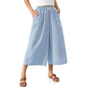 TARSE Womens Gingham Wide Leg Linen Capri Pants Casual Loose Plaid Culottes Elastic Waist Palazzo Pants with Pockets(Blue White Plaid)