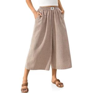 TARSE Womens Gingham Wide Leg Linen Capri Pants Casual Loose Plaid Culottes Elastic Waist Palazzo Pants with Pockets(Coffee White Plaid)