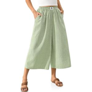 TARSE Womens Gingham Wide Leg Linen Capri Pants Casual Loose Plaid Culottes Elastic Waist Palazzo Pants with Pockets(Green White Plaid)