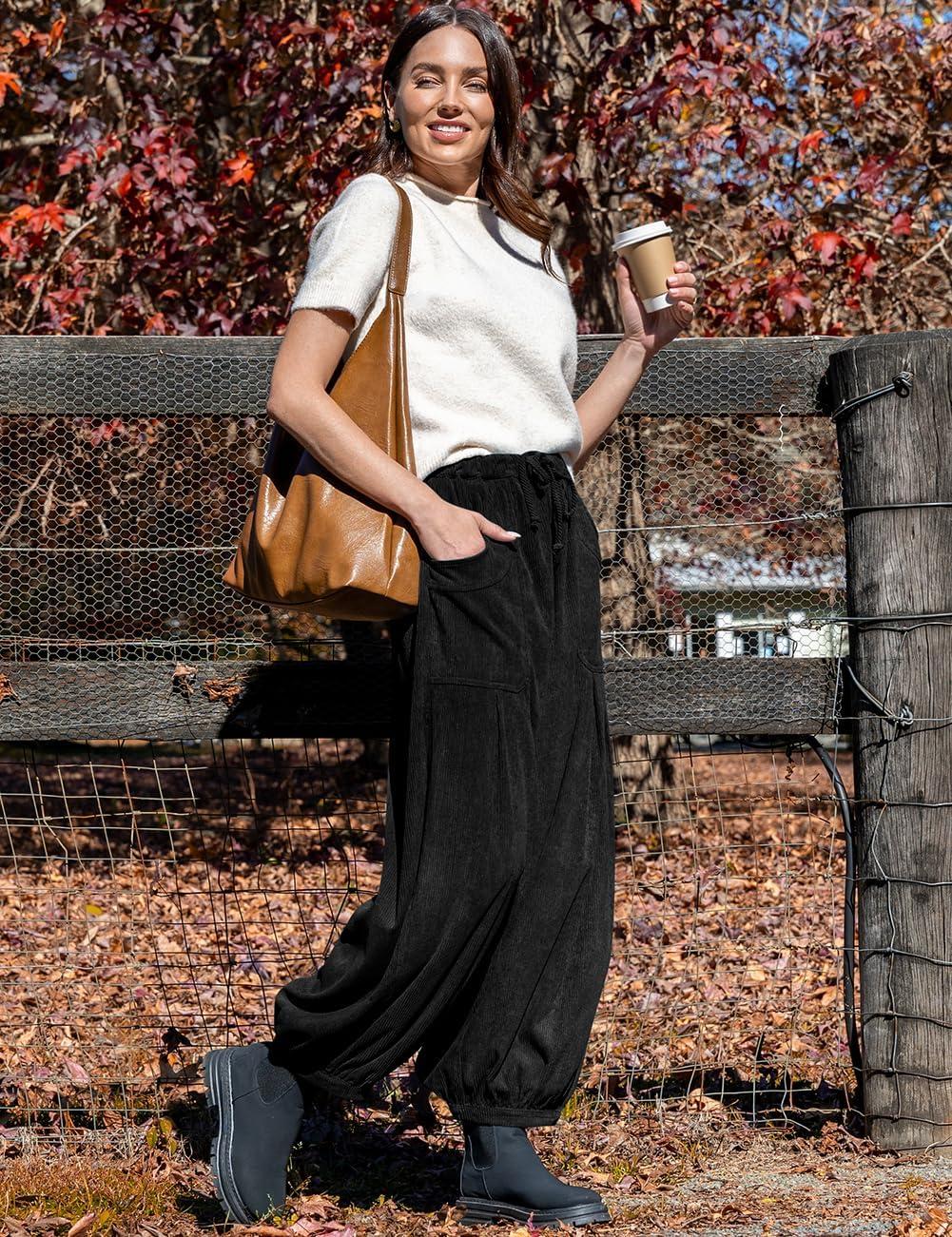 imageTARSE Womens Corduroy Pants Harem Casual Loose Fit Baggy Elastic Waist Lantern Fall Pants with PocketsBlack