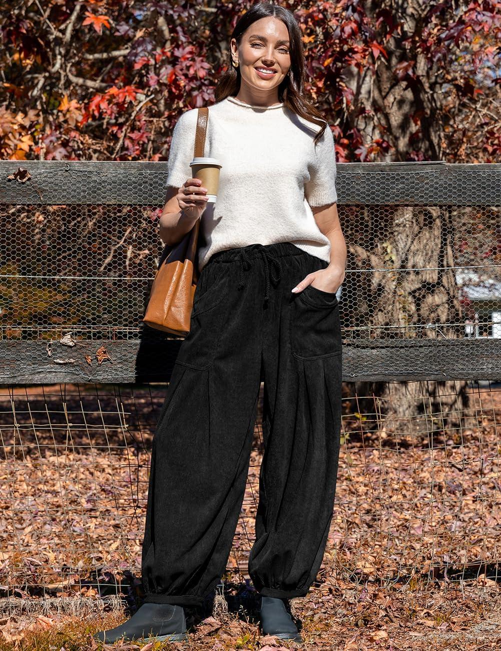 imageTARSE Womens Corduroy Pants Harem Casual Loose Fit Baggy Elastic Waist Lantern Fall Pants with PocketsBlack