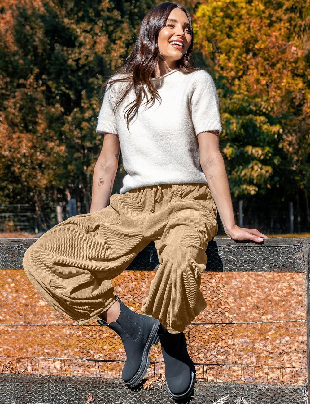 imageTARSE Womens Corduroy Pants Harem Casual Loose Fit Baggy Elastic Waist Lantern Fall Pants with PocketsCamel