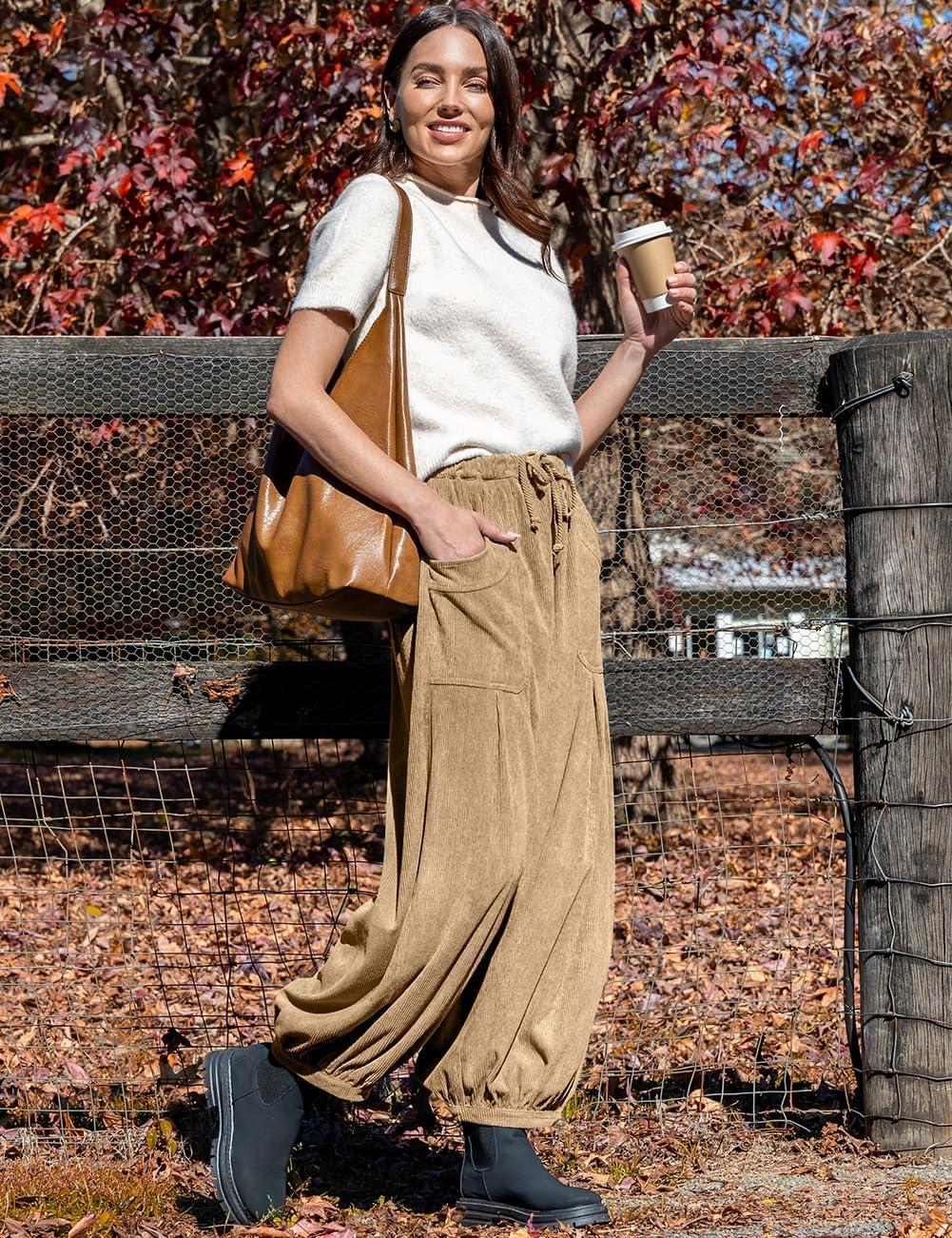 imageTARSE Womens Corduroy Pants Harem Casual Loose Fit Baggy Elastic Waist Lantern Fall Pants with PocketsCamel