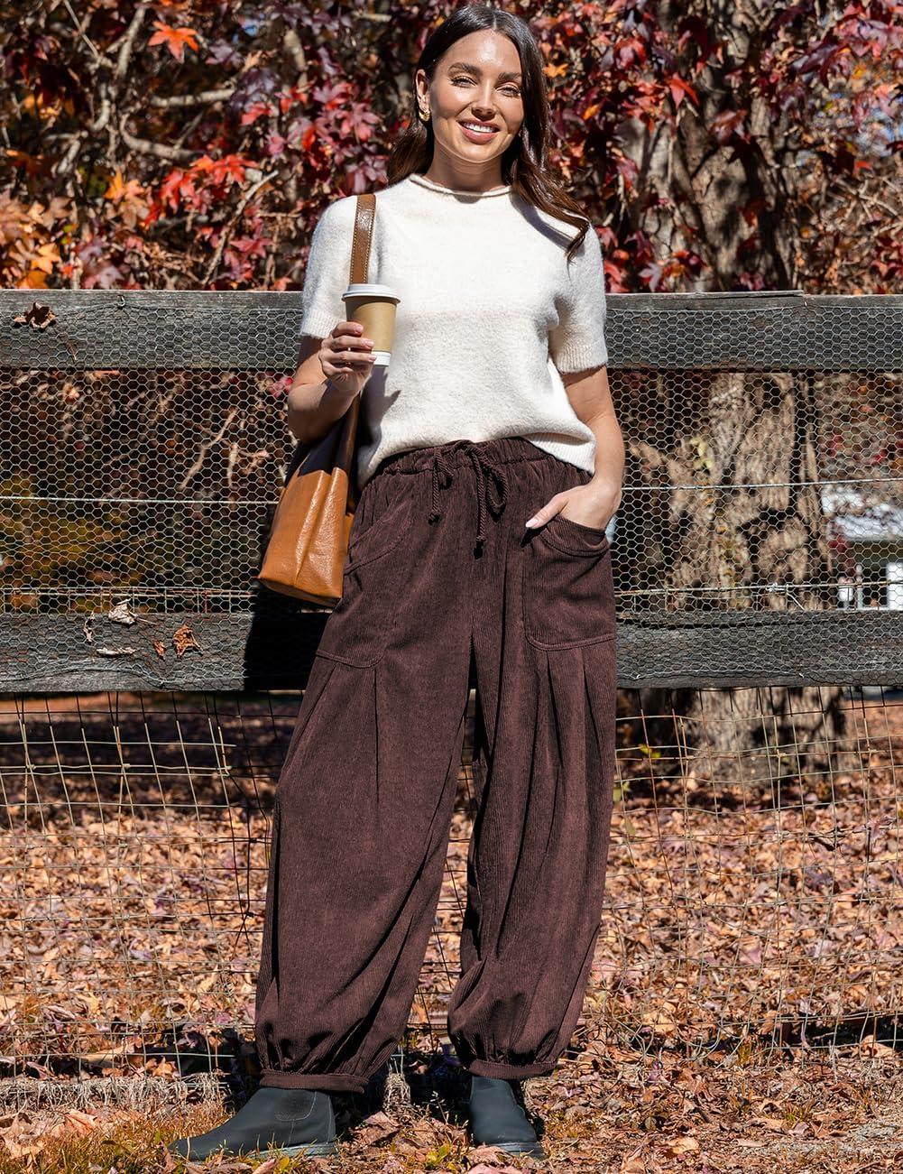 imageTARSE Womens Corduroy Pants Harem Casual Loose Fit Baggy Elastic Waist Lantern Fall Pants with PocketsDark Coffee