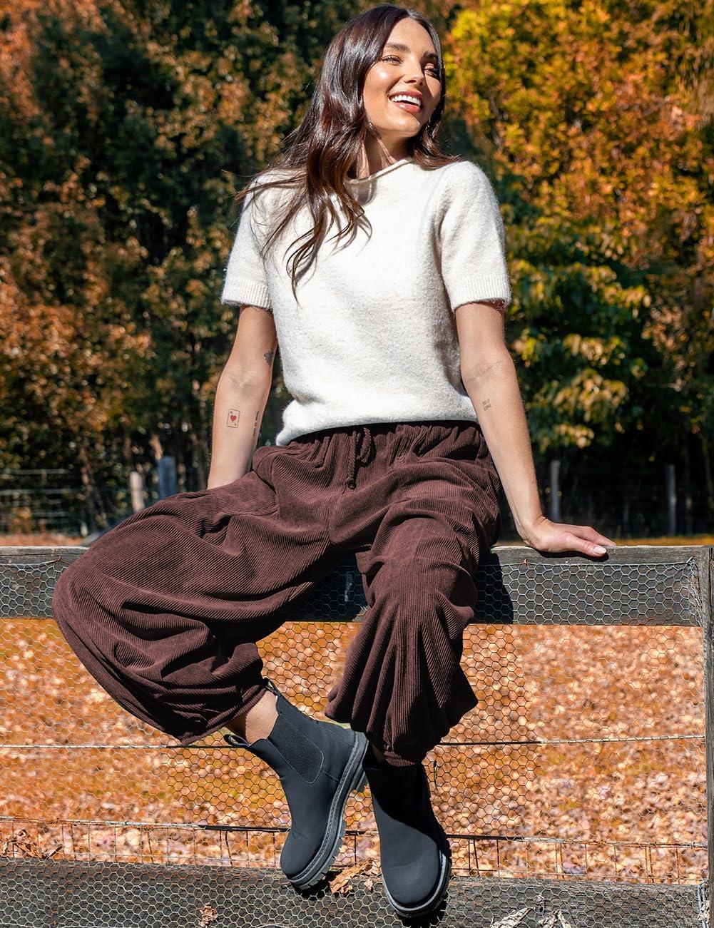 imageTARSE Womens Corduroy Pants Harem Casual Loose Fit Baggy Elastic Waist Lantern Fall Pants with PocketsDark Coffee