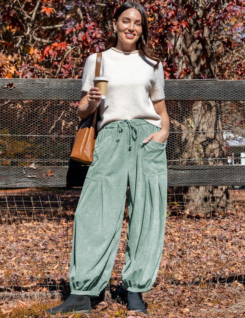 imageTARSE Womens Corduroy Pants Harem Casual Loose Fit Baggy Elastic Waist Lantern Fall Pants with PocketsGray Green