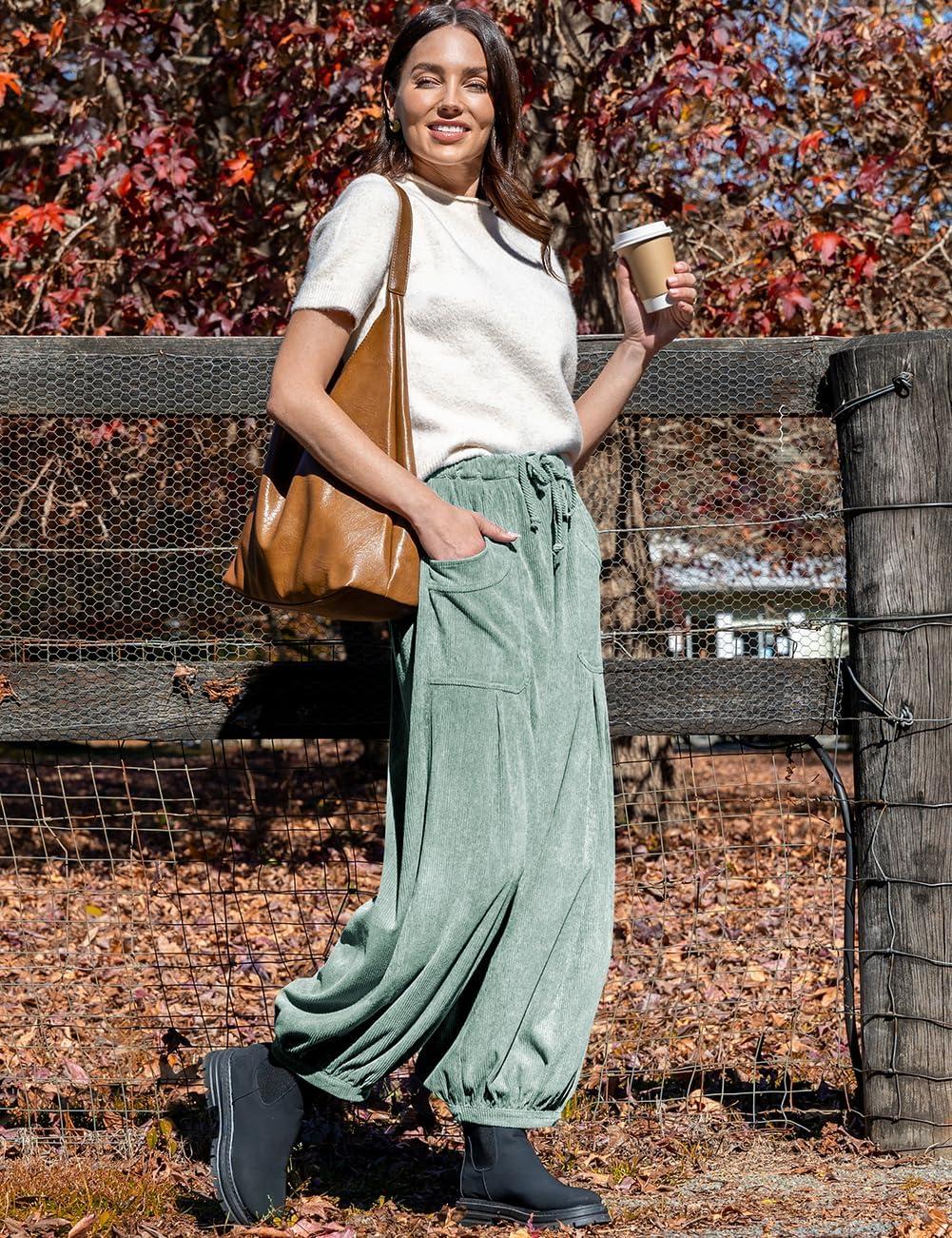 imageTARSE Womens Corduroy Pants Harem Casual Loose Fit Baggy Elastic Waist Lantern Fall Pants with PocketsGray Green