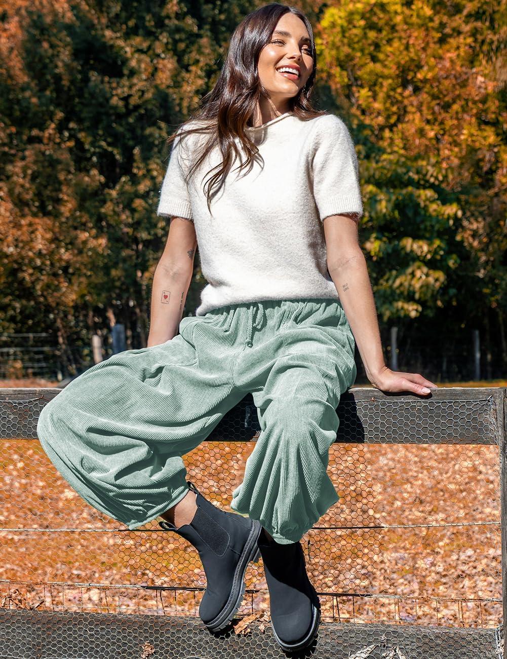 imageTARSE Womens Corduroy Pants Harem Casual Loose Fit Baggy Elastic Waist Lantern Fall Pants with PocketsGray Green