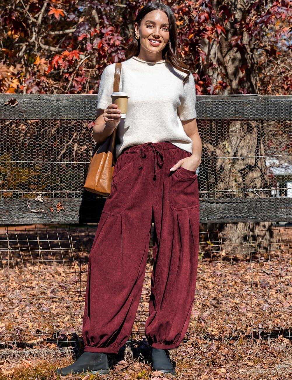 imageTARSE Womens Corduroy Pants Harem Casual Loose Fit Baggy Elastic Waist Lantern Fall Pants with PocketsWine