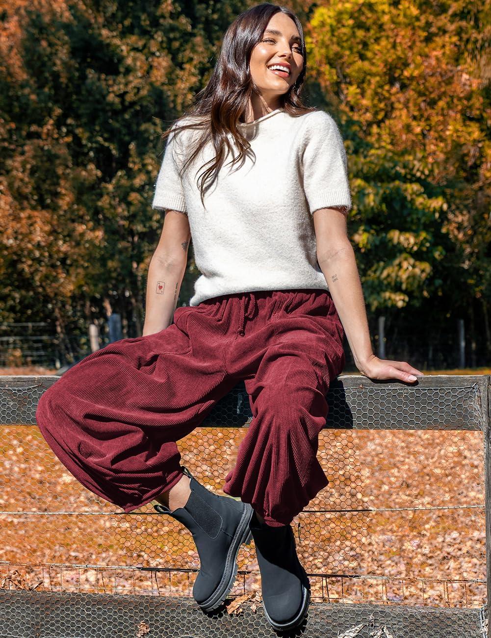 imageTARSE Womens Corduroy Pants Harem Casual Loose Fit Baggy Elastic Waist Lantern Fall Pants with PocketsWine