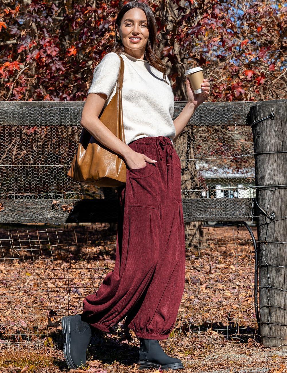 imageTARSE Womens Corduroy Pants Harem Casual Loose Fit Baggy Elastic Waist Lantern Fall Pants with PocketsWine