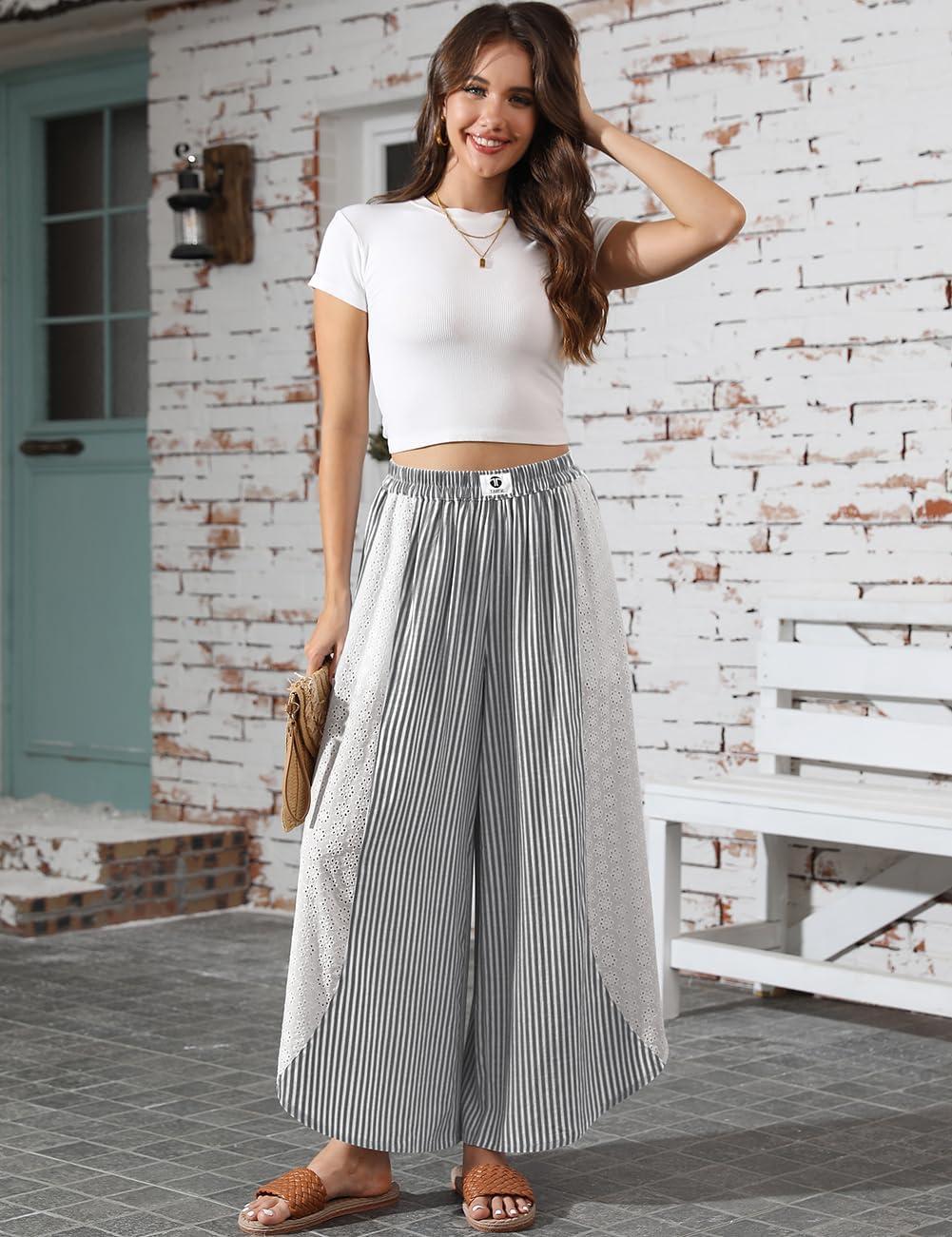 imageTARSE Womens Wide Leg Striped Boho Palazzo Pants with Lace Panel Summer Loose Elastic Waist Beach Vacation Lounge PantsBlack White Striped