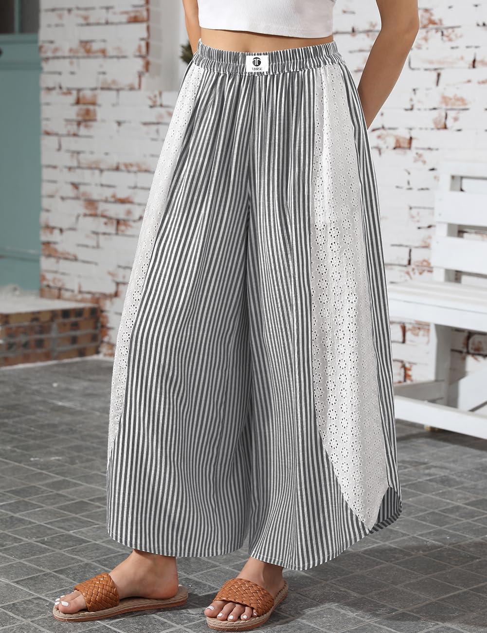 imageTARSE Womens Wide Leg Striped Boho Palazzo Pants with Lace Panel Summer Loose Elastic Waist Beach Vacation Lounge PantsBlack White Striped