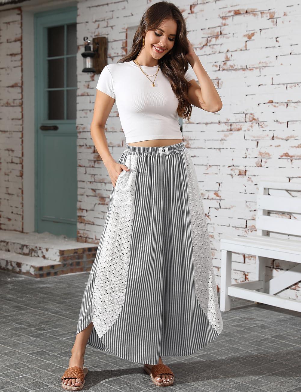 imageTARSE Womens Wide Leg Striped Boho Palazzo Pants with Lace Panel Summer Loose Elastic Waist Beach Vacation Lounge PantsBlack White Striped