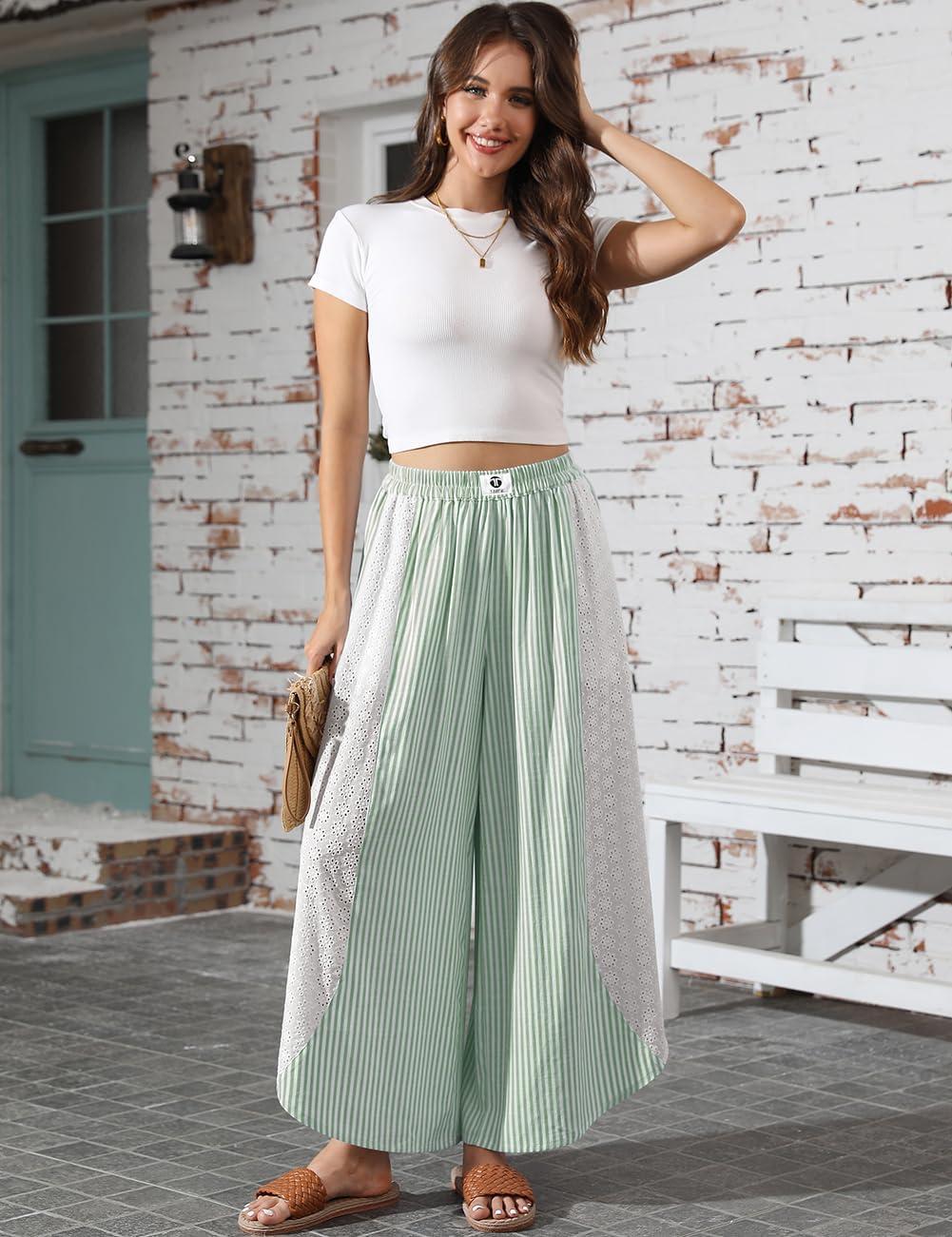 imageTARSE Womens Wide Leg Striped Boho Palazzo Pants with Lace Panel Summer Loose Elastic Waist Beach Vacation Lounge PantsGreen White Striped
