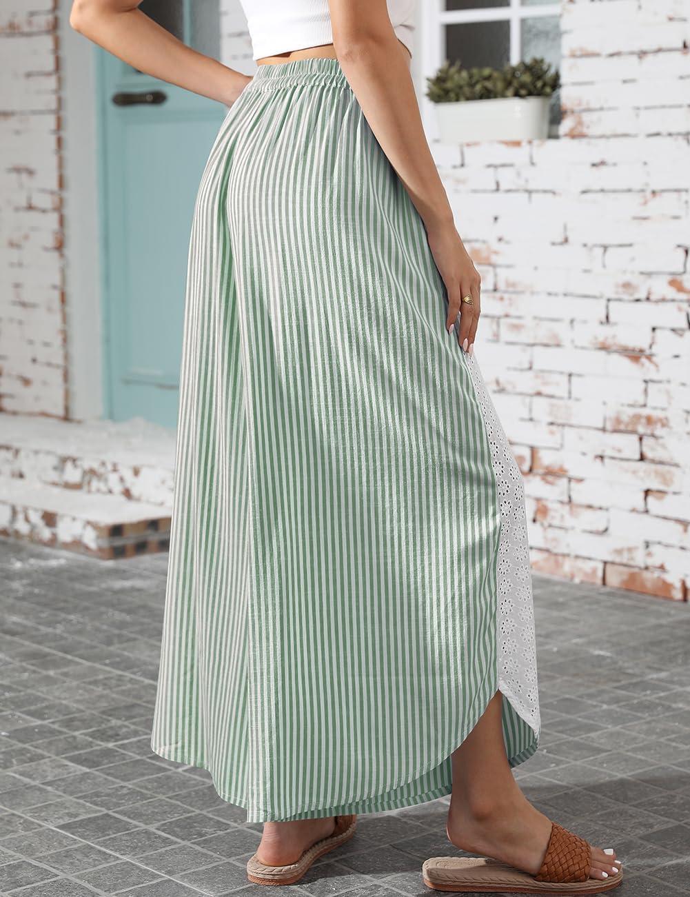 imageTARSE Womens Wide Leg Striped Boho Palazzo Pants with Lace Panel Summer Loose Elastic Waist Beach Vacation Lounge PantsGreen White Striped